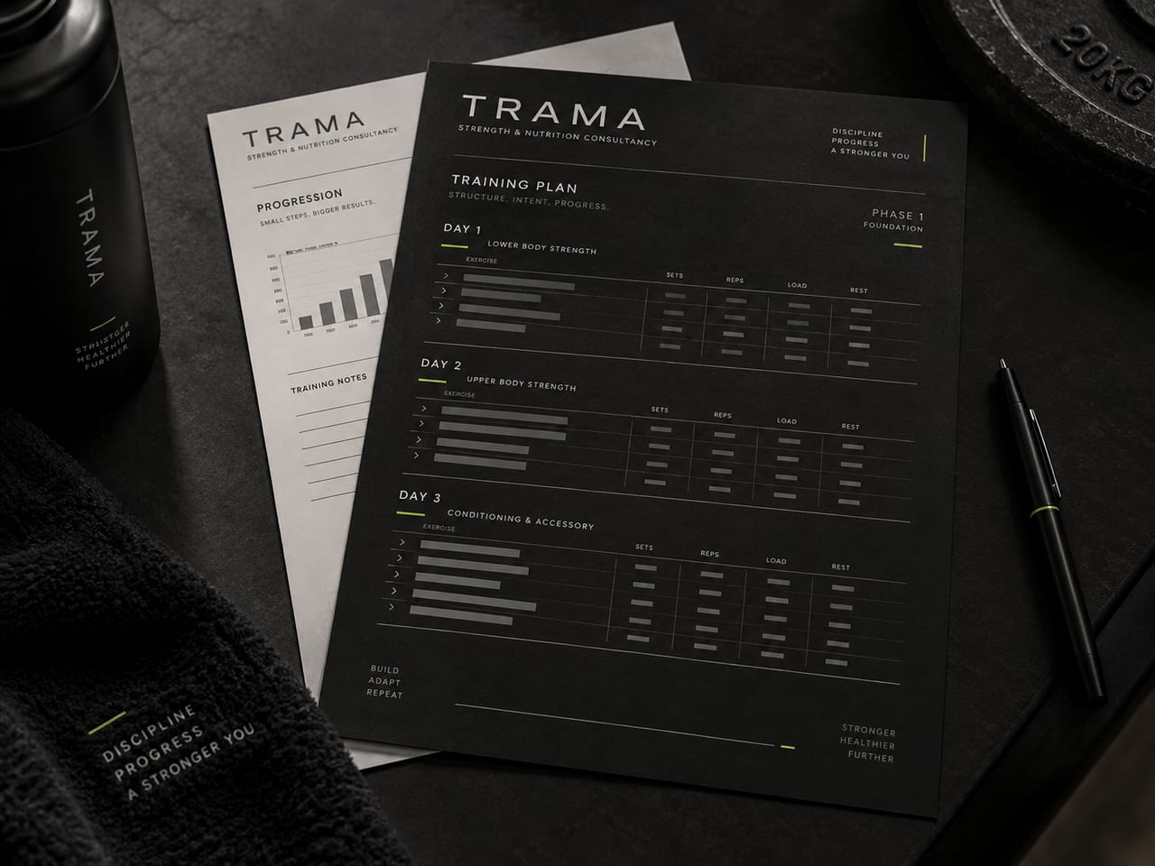 Plano de treino TRAMA impresso com progressão, exercícios e anotações genéricas