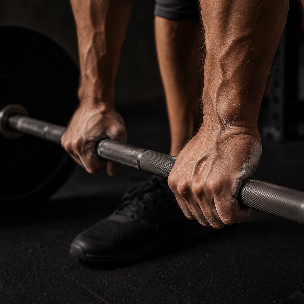 Atleta em execução de exercício composto — barra e anilhas em academia com luz lateral, enquadramento 3/4 mostrando gesto e carga