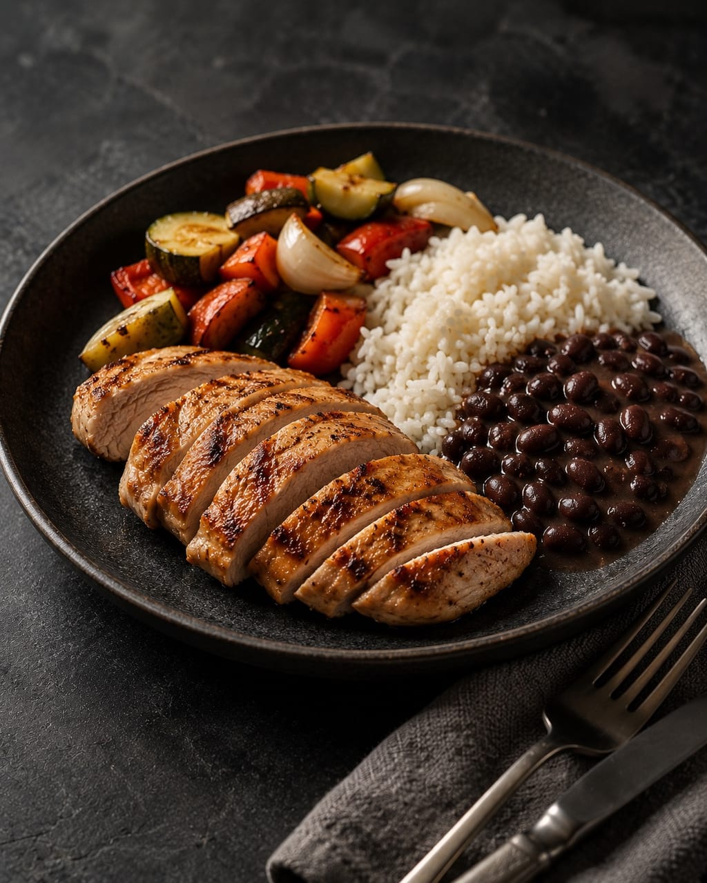 Refeição composta vista de cima — prato com arroz, feijão, proteína e vegetais em prato cerâmico claro, luz natural lateral, composição editorial minimalista